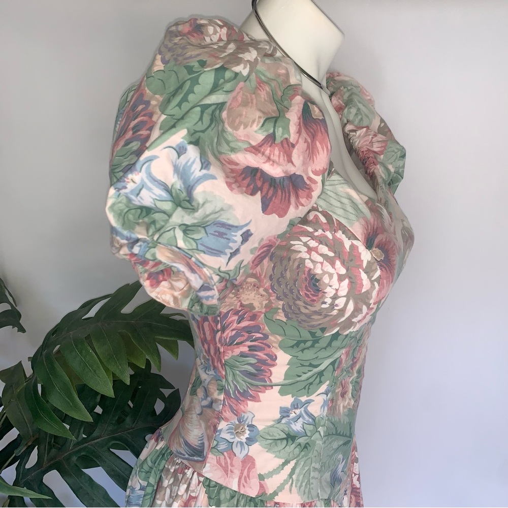 v i n t a g e : Floral Victorian Cottagecore Pastel Puff Sleeve Basque Dress - Picture 6 of 16
